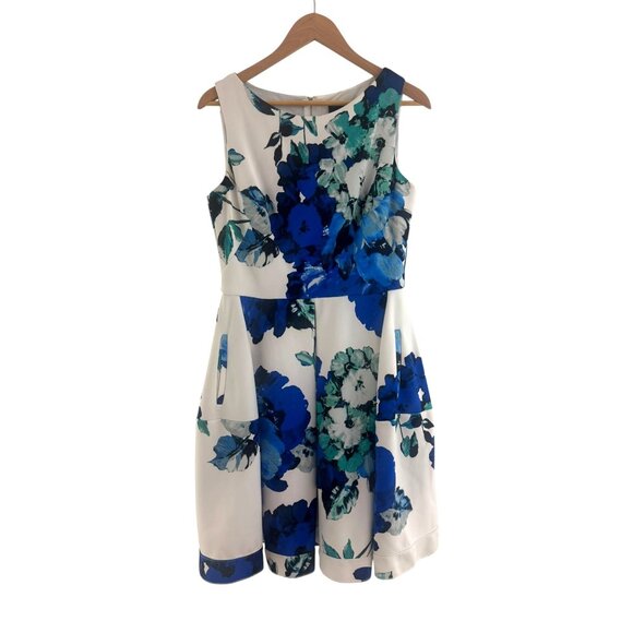 Danny & Nicole Dresses & Skirts - Size 12 Blue Floral Print Scuba Fit & Flare Dress w/Pockets *Needs Hemmed*